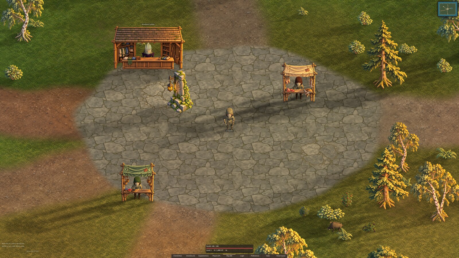 The ranger at Lantern Green with the Woodland Outfitter, Butcher and Tanner, and Produce Merchant
